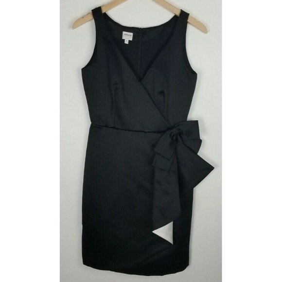 Vintage Armani Collezioni Sz. 4 Black Satin Knee Length Dress Bow Detail